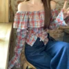 Off Shoulder Grid Long Sleeve Top