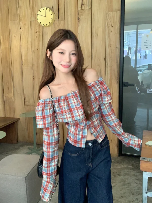 Off Shoulder Grid Long Sleeve Top